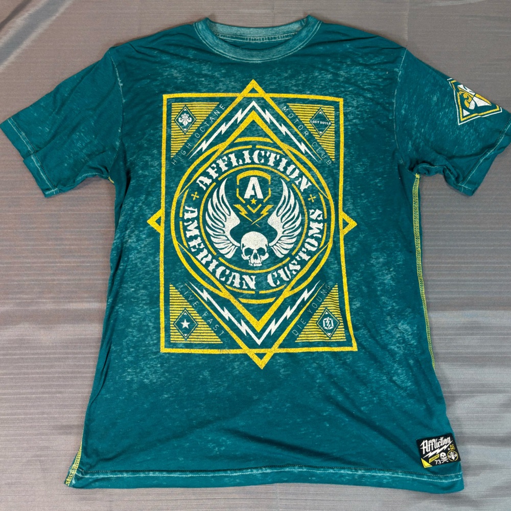 Affliction “American Customs” Graphic T-Shirt – Men’s M – Teal Skull Biker MMA